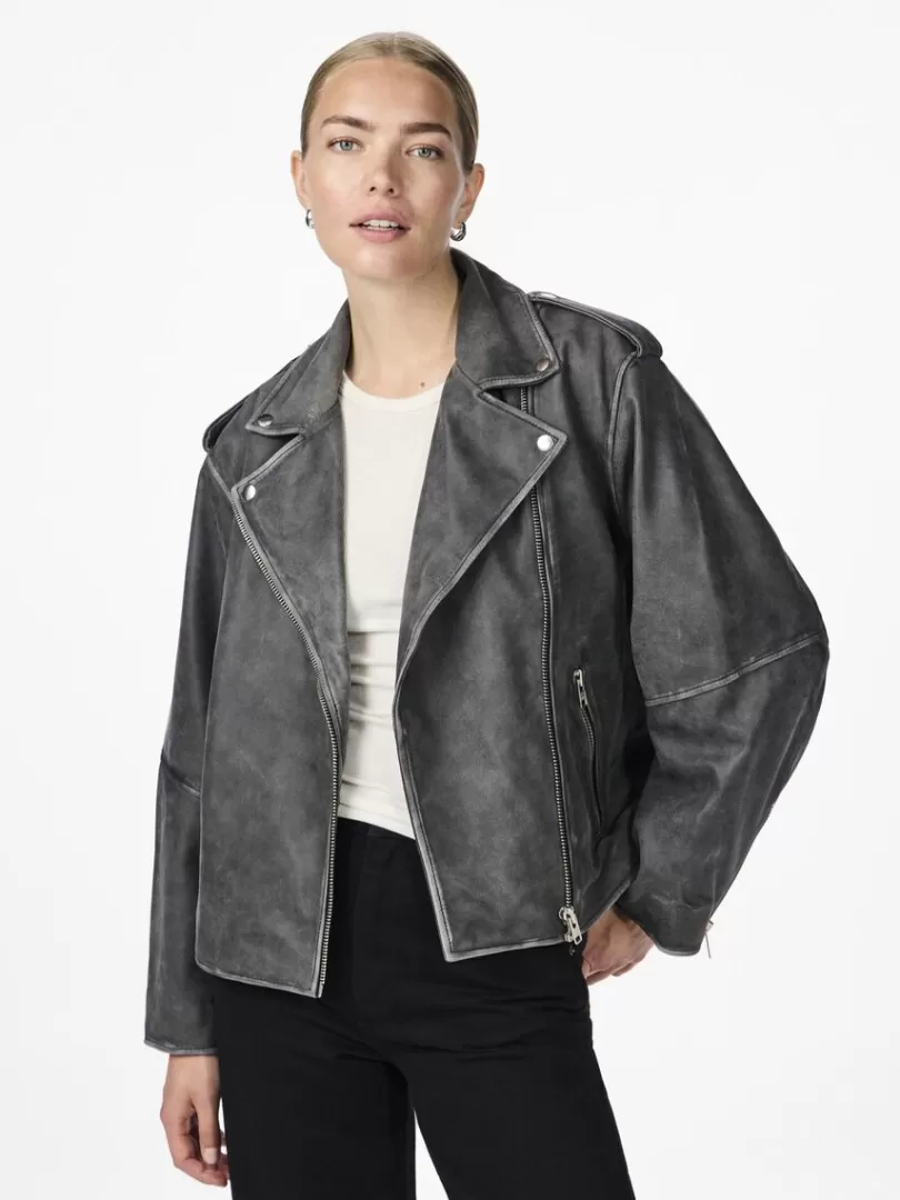 Outerwear>Yas MAYA LEATHER JACKET DarkGrey