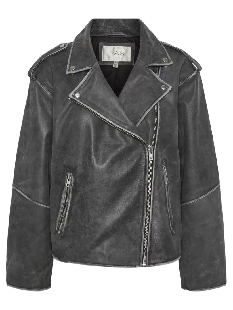 Outerwear>Yas MAYA LEATHER JACKET DarkGrey
